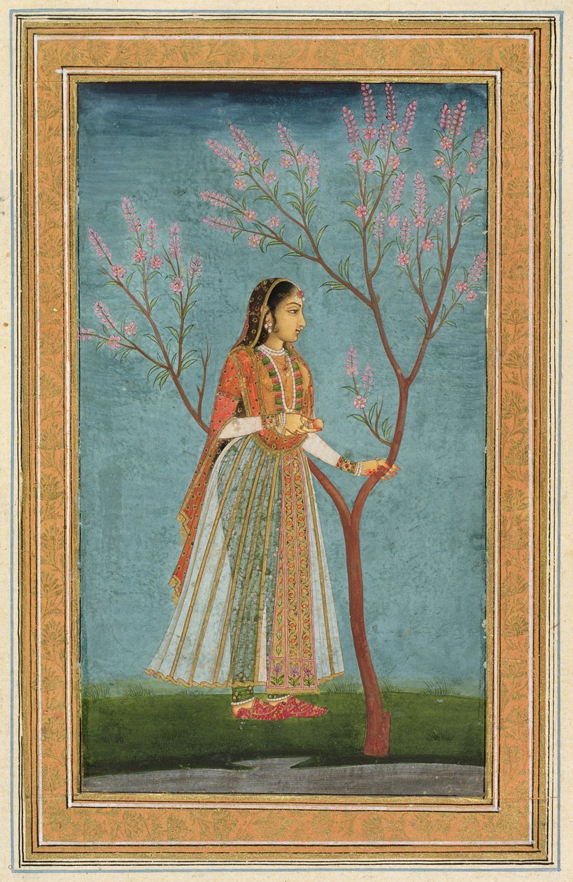 Lady standing by a tree in blossom, from the Small Clive Album by Mughal School