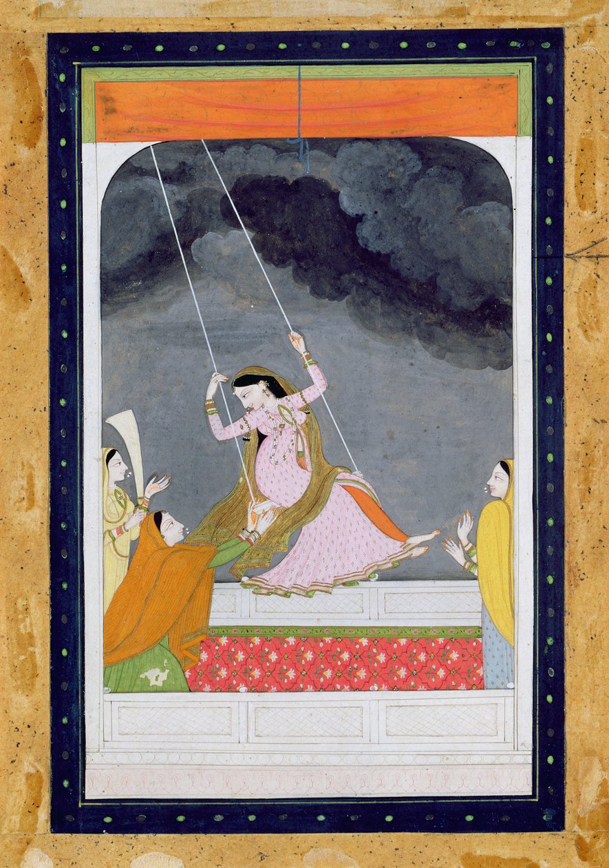 A lady on a swing, Kangra, Punjab hills by Mughal School
