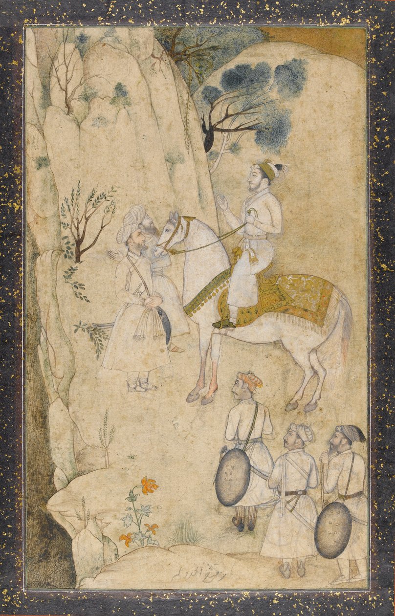 A Prince on Horseback, with Five Attendants, Regarding a Waterfall by Mughal School