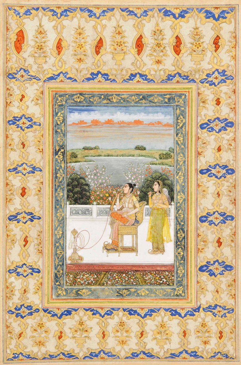 Album Page: Gulbadan Begum Smoking on a Terrace, Delhi, c.1800 by Mughal School