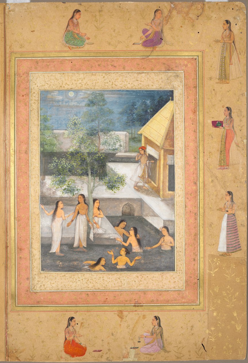 Harem Night-Bathing Scene (recto): Calligraphy Framed by an Ornamental Border of Flowers and Birds (verso), c.1650 by Mughal School
