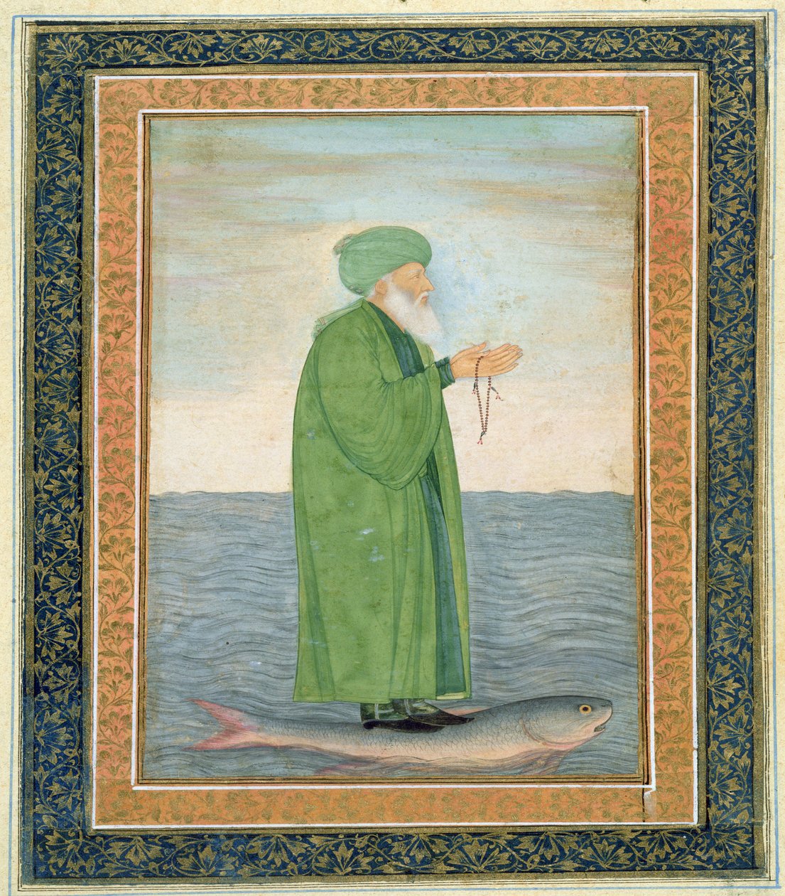 Khawa Khizir Khan riding on a fish, from the Small Clive Album by Mughal School
