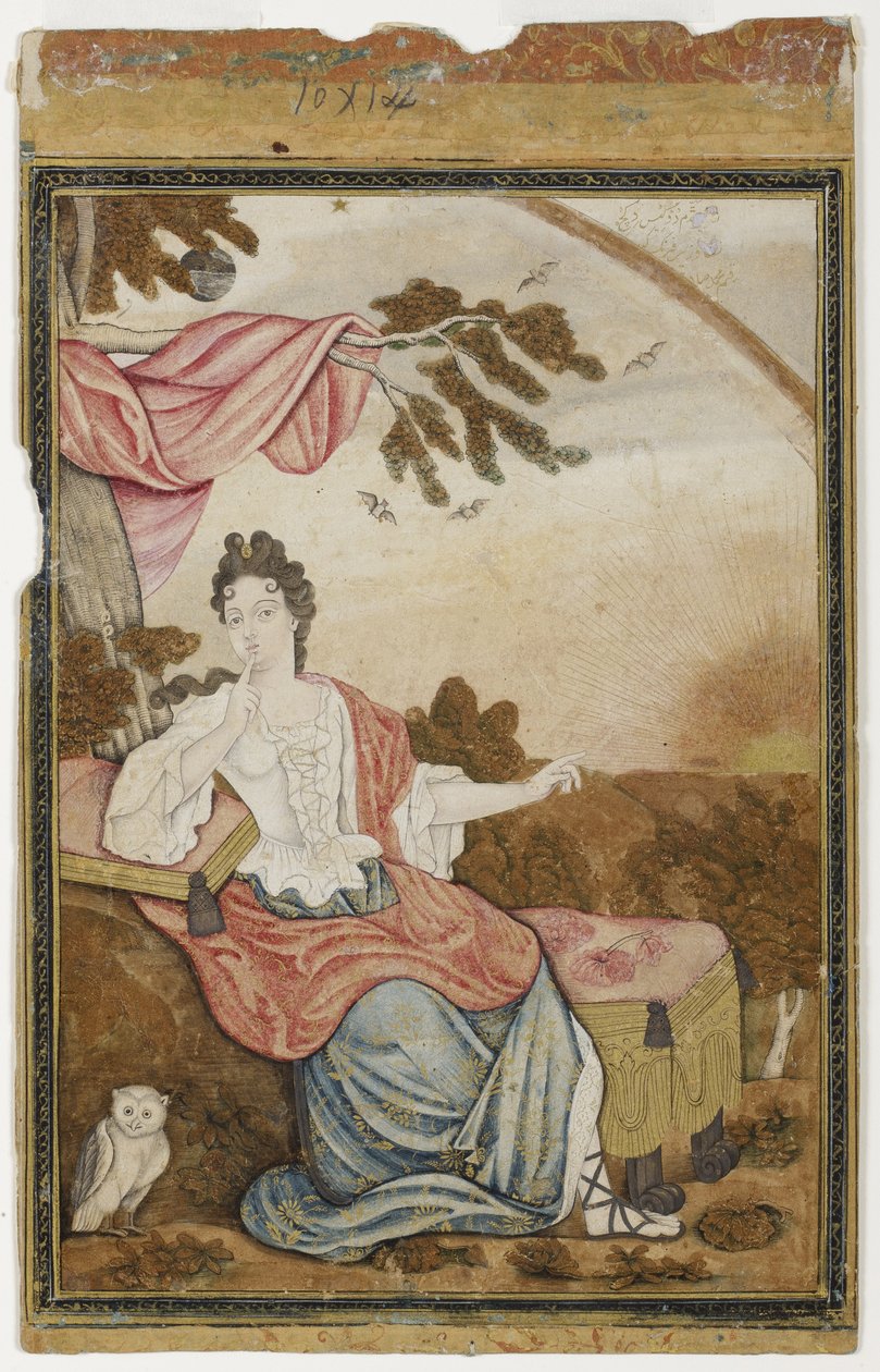 A European woman seated under a branch, with an owl, 1700-32 by Muhammad Sadiq
