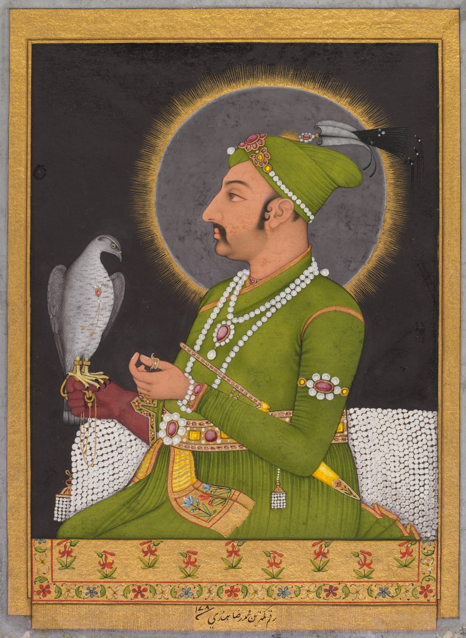 Posthumous Portrait of the Mughal Emperor Muhammad Shah Holding a Falcon by Muhammad Riza i Hindi