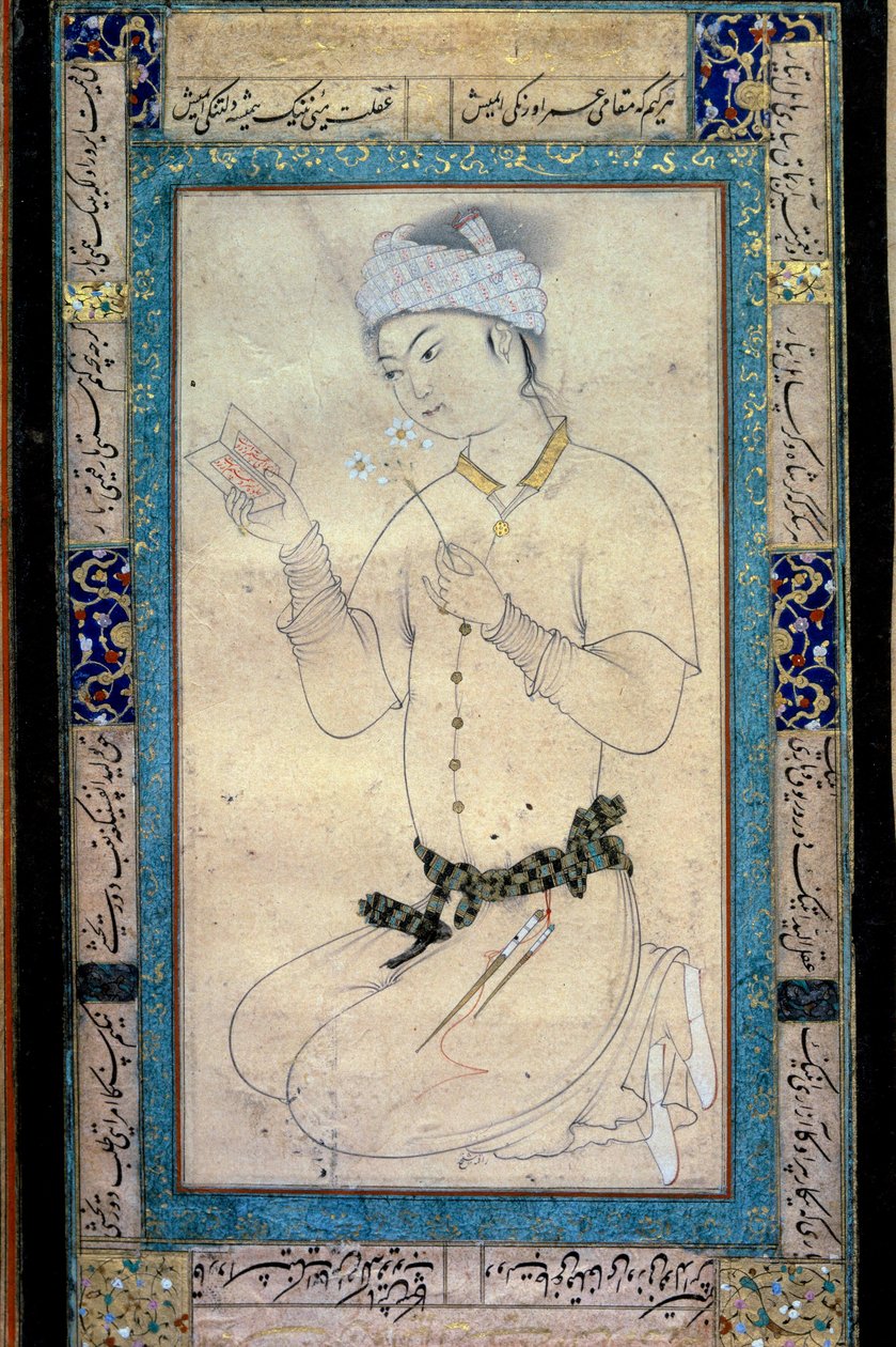 A young man with books and narcisses. Persian miniature by Muhammad Shaykh by Muhammad Shaykh