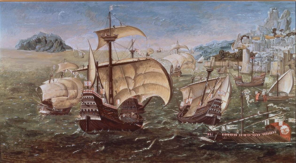 Portuguese Boats on a Rocky Coast – 16th Century – Copy of the Original from the Greenwich Museum by Munday John