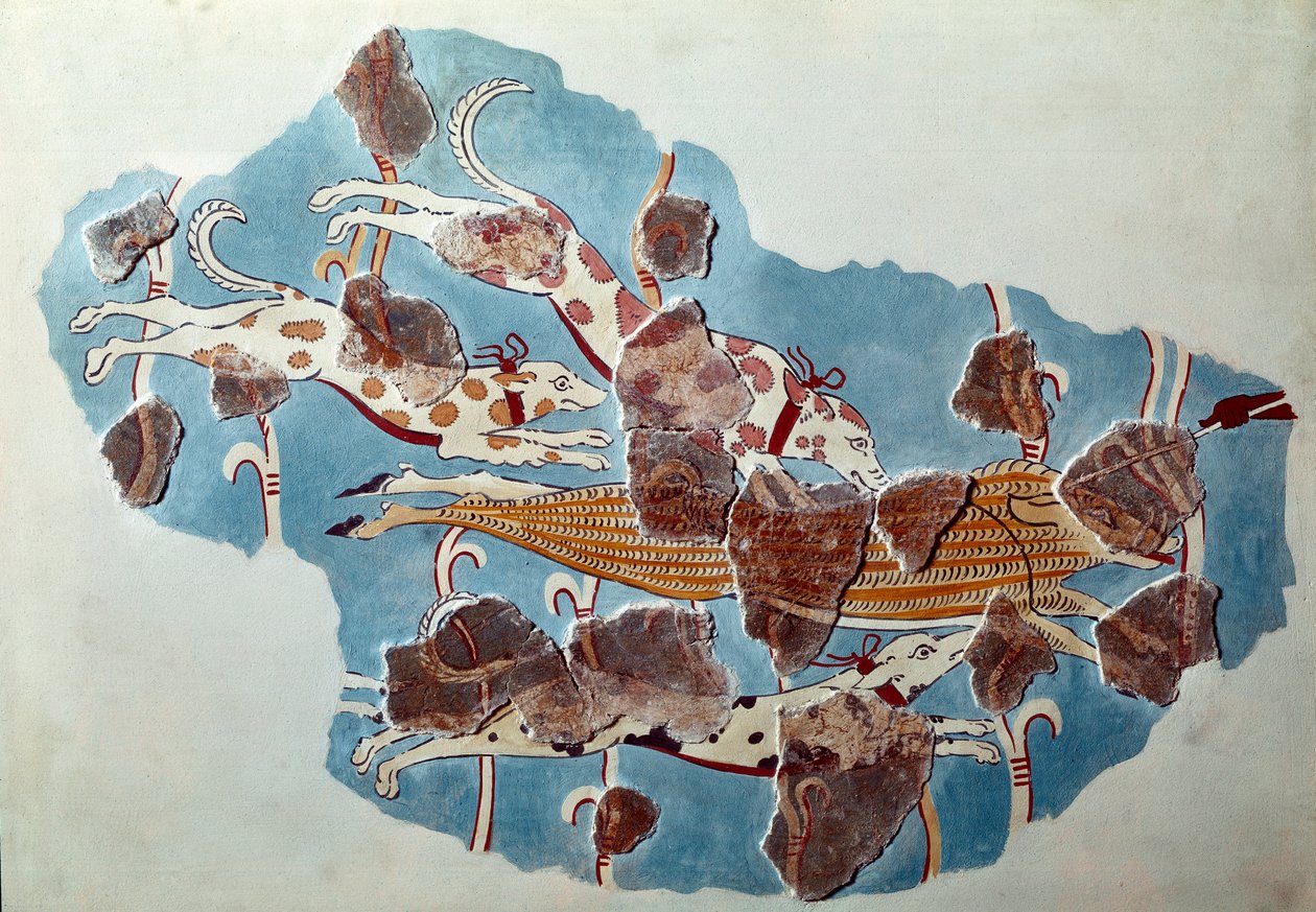Mycenian art: hunting scene, dogs chase wild boar by Mycenaean