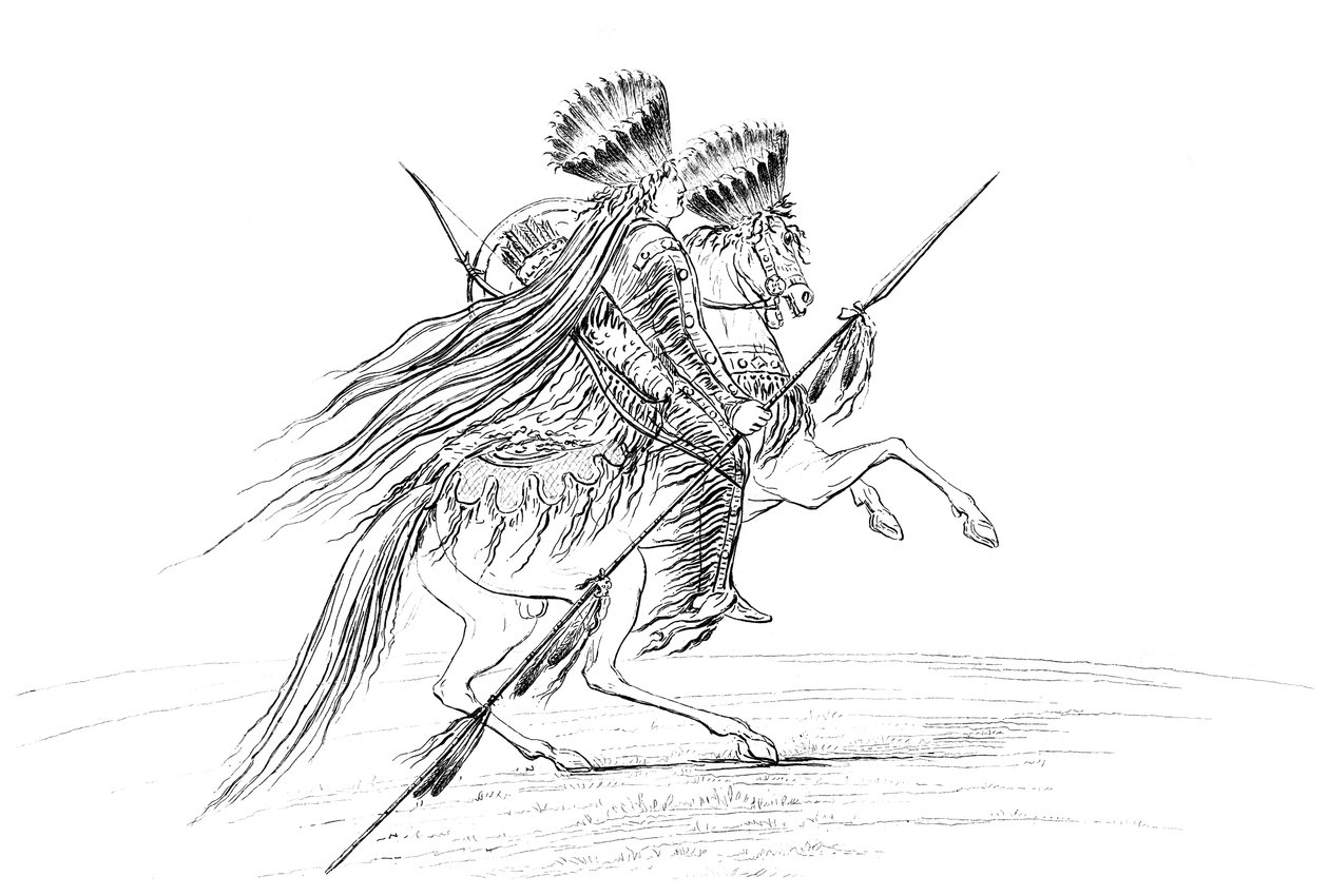 Native American male with weapons and headdress, riding a horse by Myers and Co