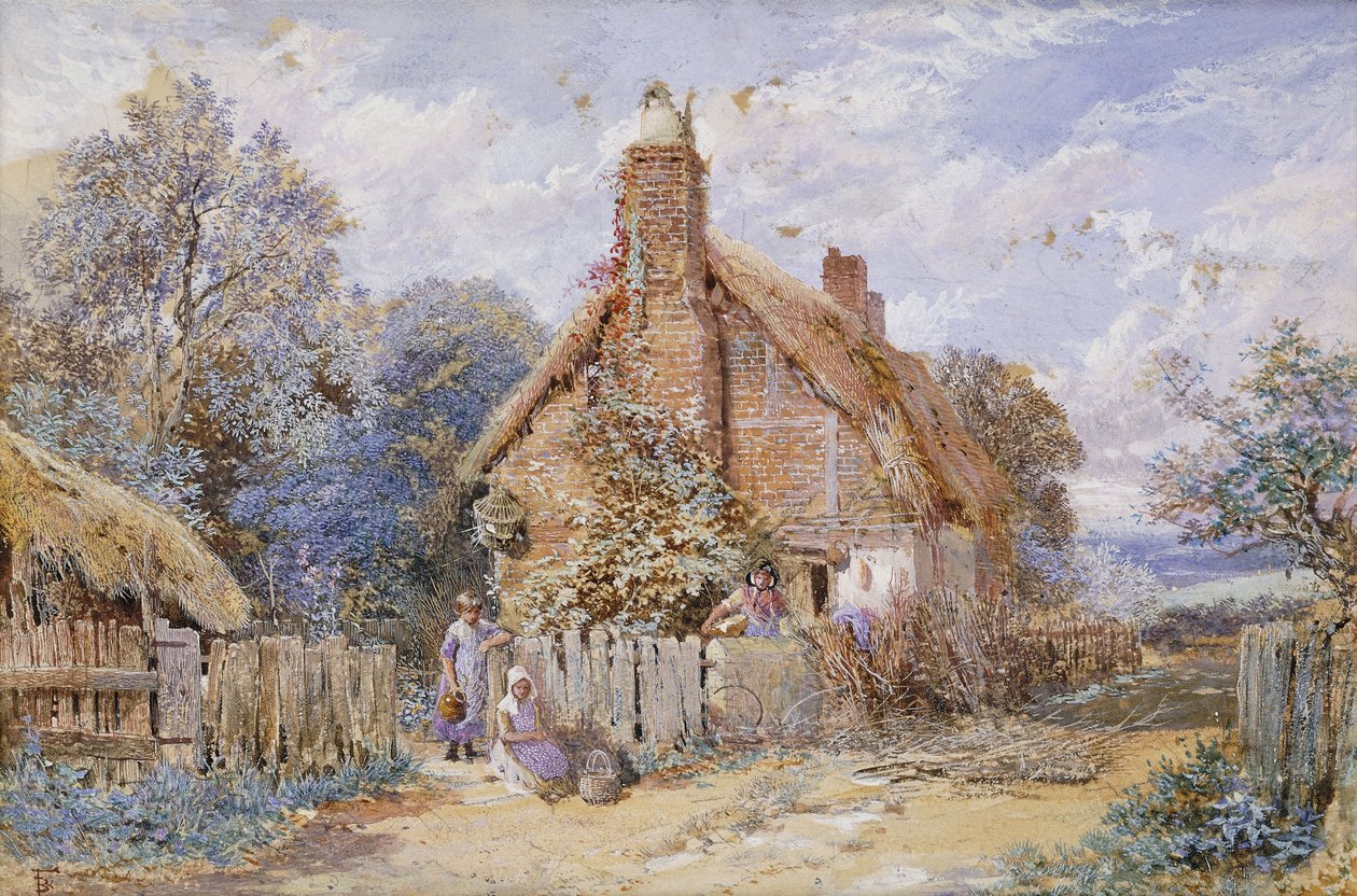 Children by a Thatched Cottage at Chiddingfold by Myles Birket Foster