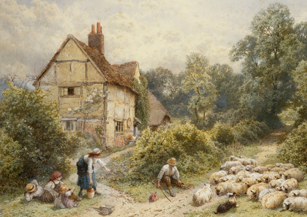 Fowl House Farm, Witley, with Children, a Shepherd and a Flock of Sheep Nearby by Myles Birket Foster