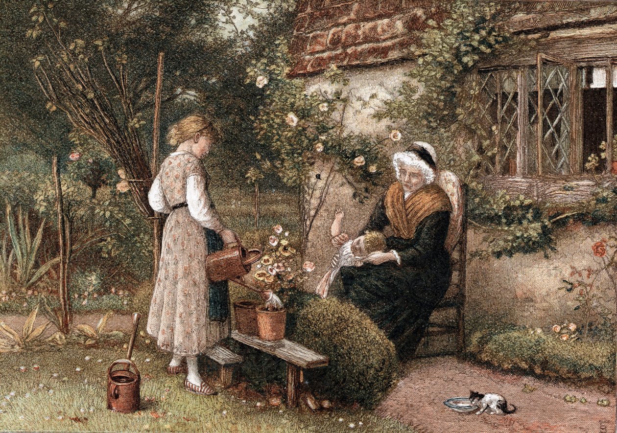 Youth and Age. Chromolithograph after painting by Myles Birkett Foster, English artist, published London 1866 by Myles Birket Foster