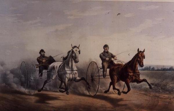 Hero and Flora Temple Swinging on the Home Stretch, in their great match for $2000 over the Centreville course, 1855 by N. and Ives, J.M. Currier