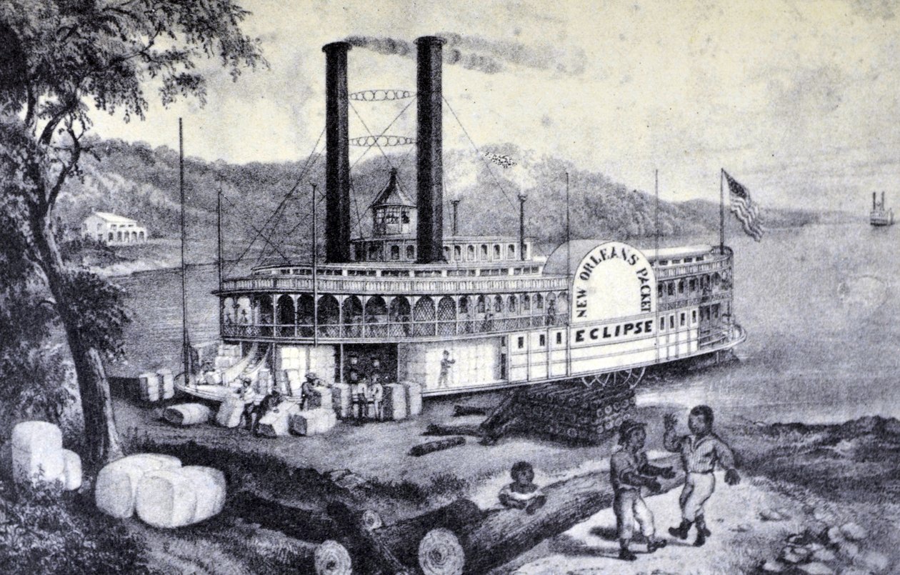 On the Mississippi, Loading Cotton by N. and Ives, J.M. Currier