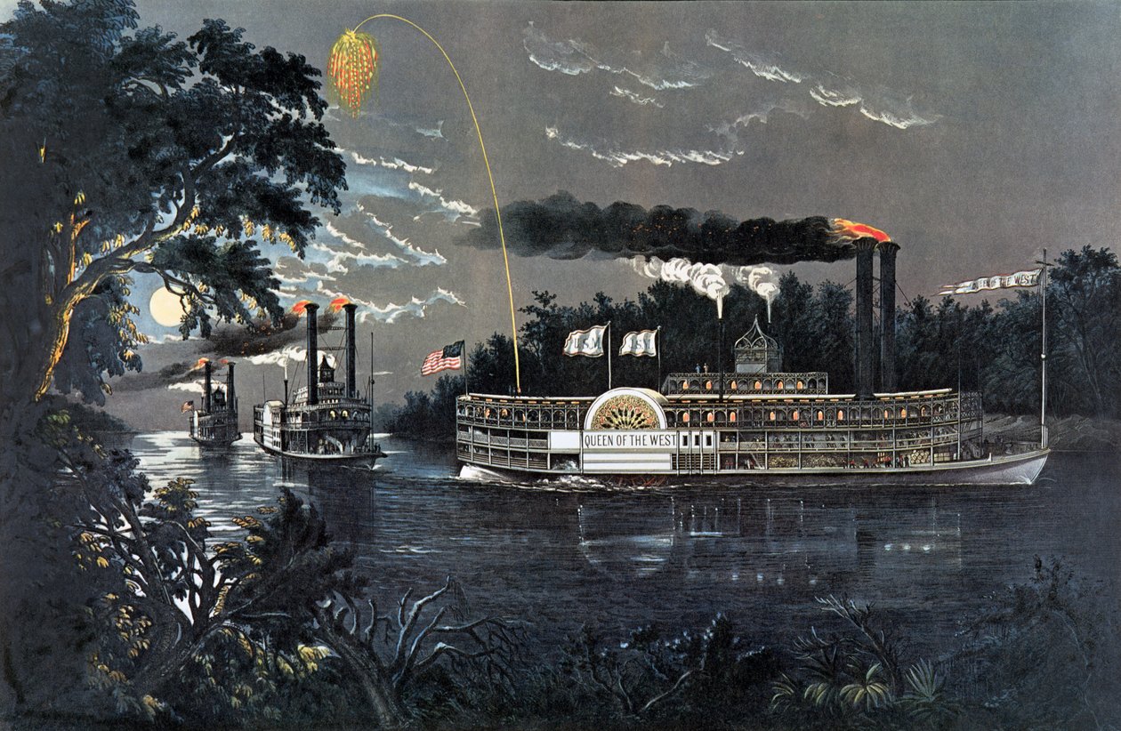 Rounding a Bend on the Mississippi Steamboat Queen of the West by N. and Ives, J.M. Currier