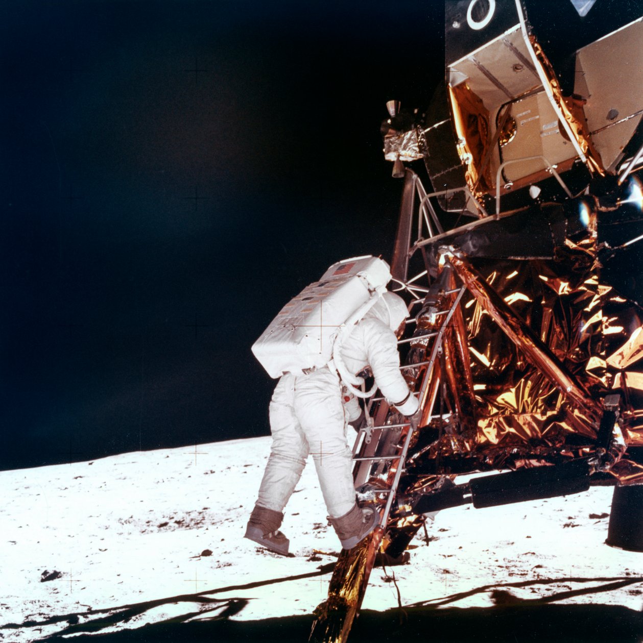 Edwin Buzz Aldrin descends the steps of the Lunar Module ladder to walk on the Moon by NASA Images