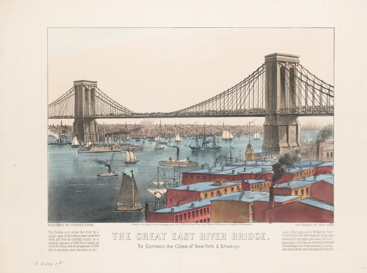 The Great East River Bridge: To Connect the Cities of New York & Brooklyn by Nathaniel Currier