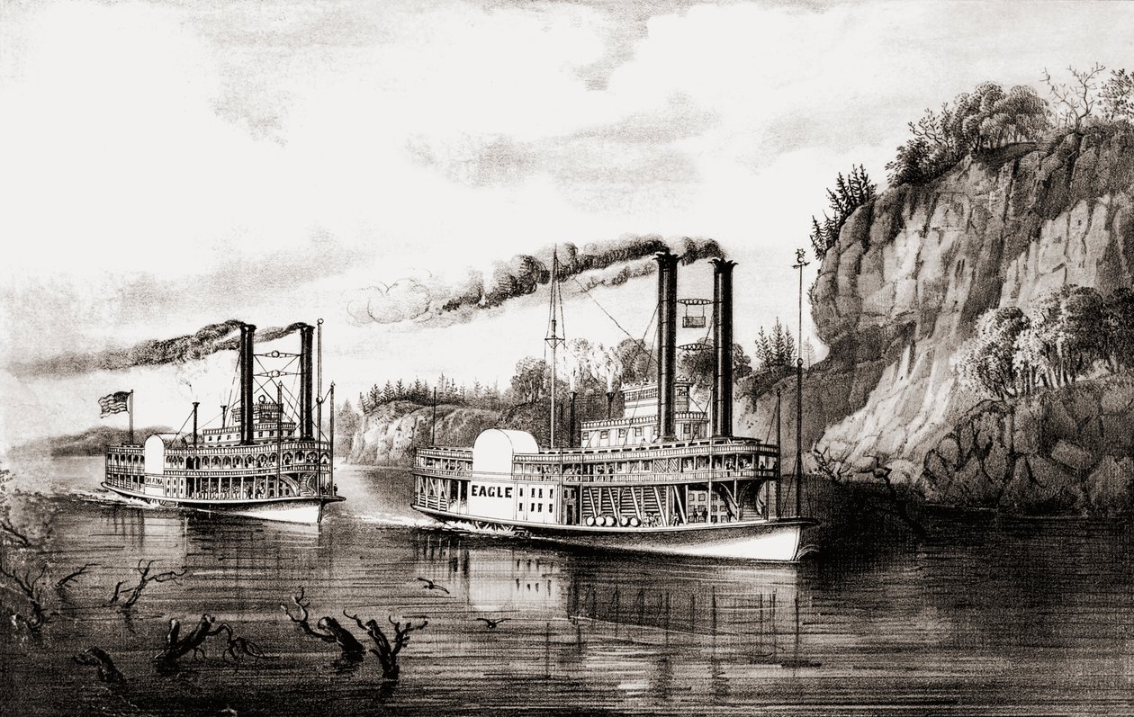 Steamboats racing on the Mississippi river, USA by N. and Ives J.M. Currier