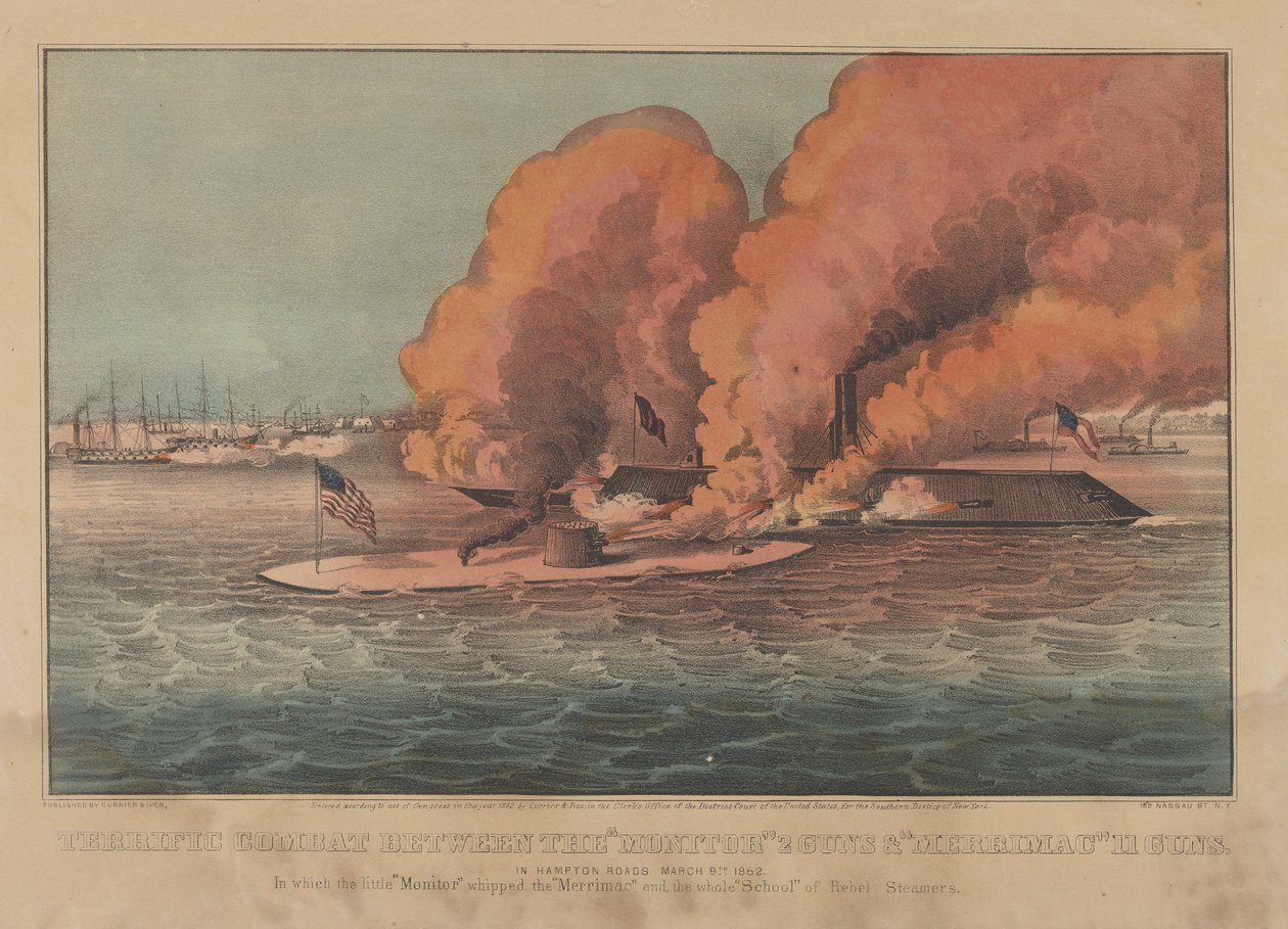 Terrific Combat Between the Monitor 2 Guns & Merrimac 11 Guns In Hampton Roads March 9th 1862 by Currier and Ives