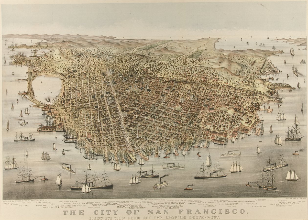The City of San Francisco - Bird’s Eye View from the Bay, Looking Southwest by Currier and Ives