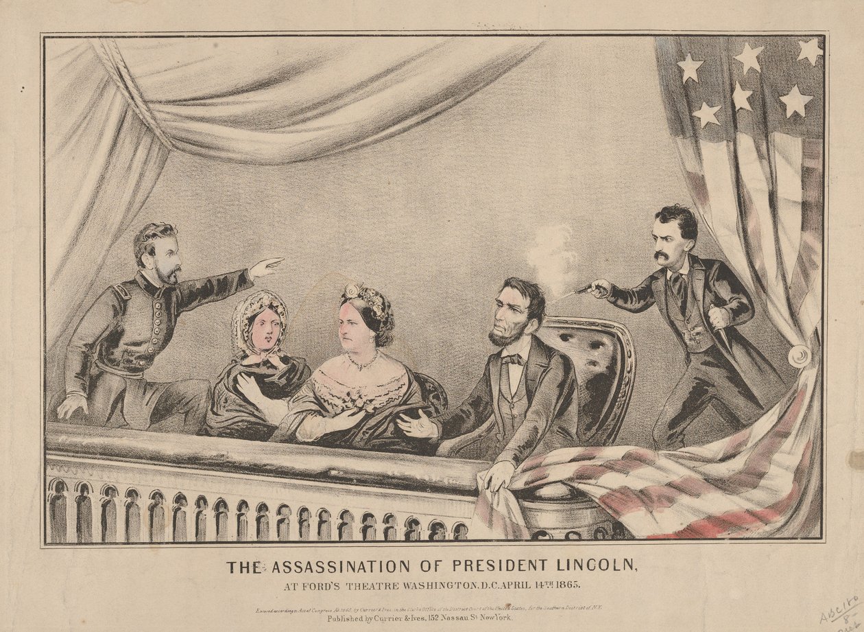 The Assassination of President Lincoln at Fords Theatre, Washington, 1865 by N. and Ives, J.M. Currier