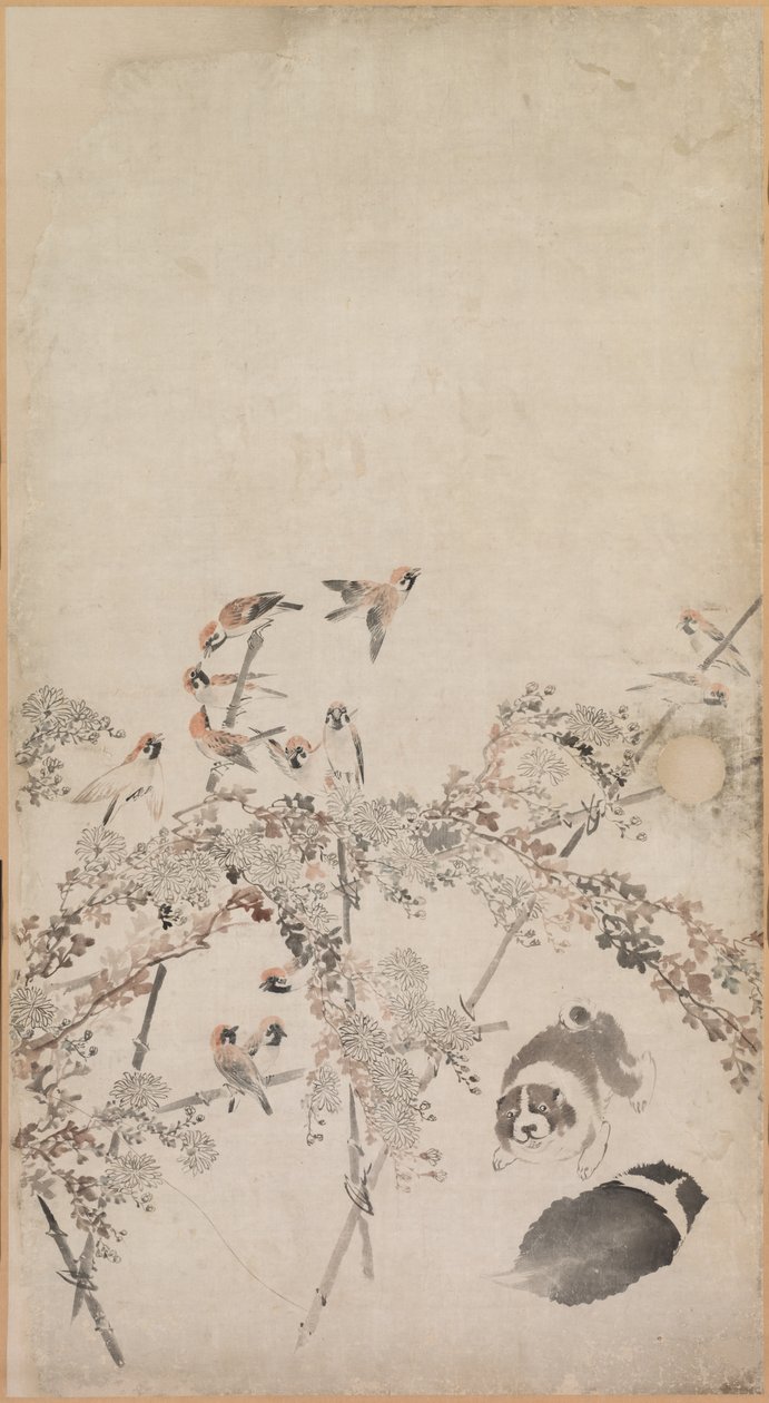 Puppies, Sparrows and Chrysanthemums by Nagasawa Rosetsu