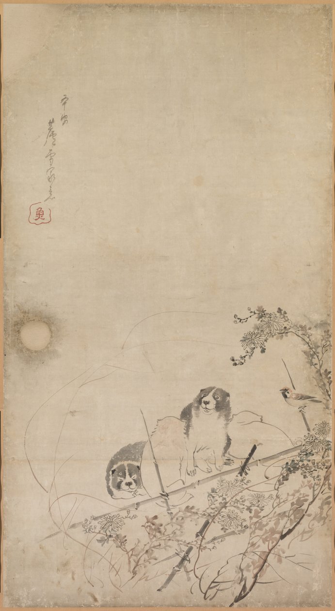 Puppies, Sparrows and Chrysanthemums by Nagasawa Rosetsu