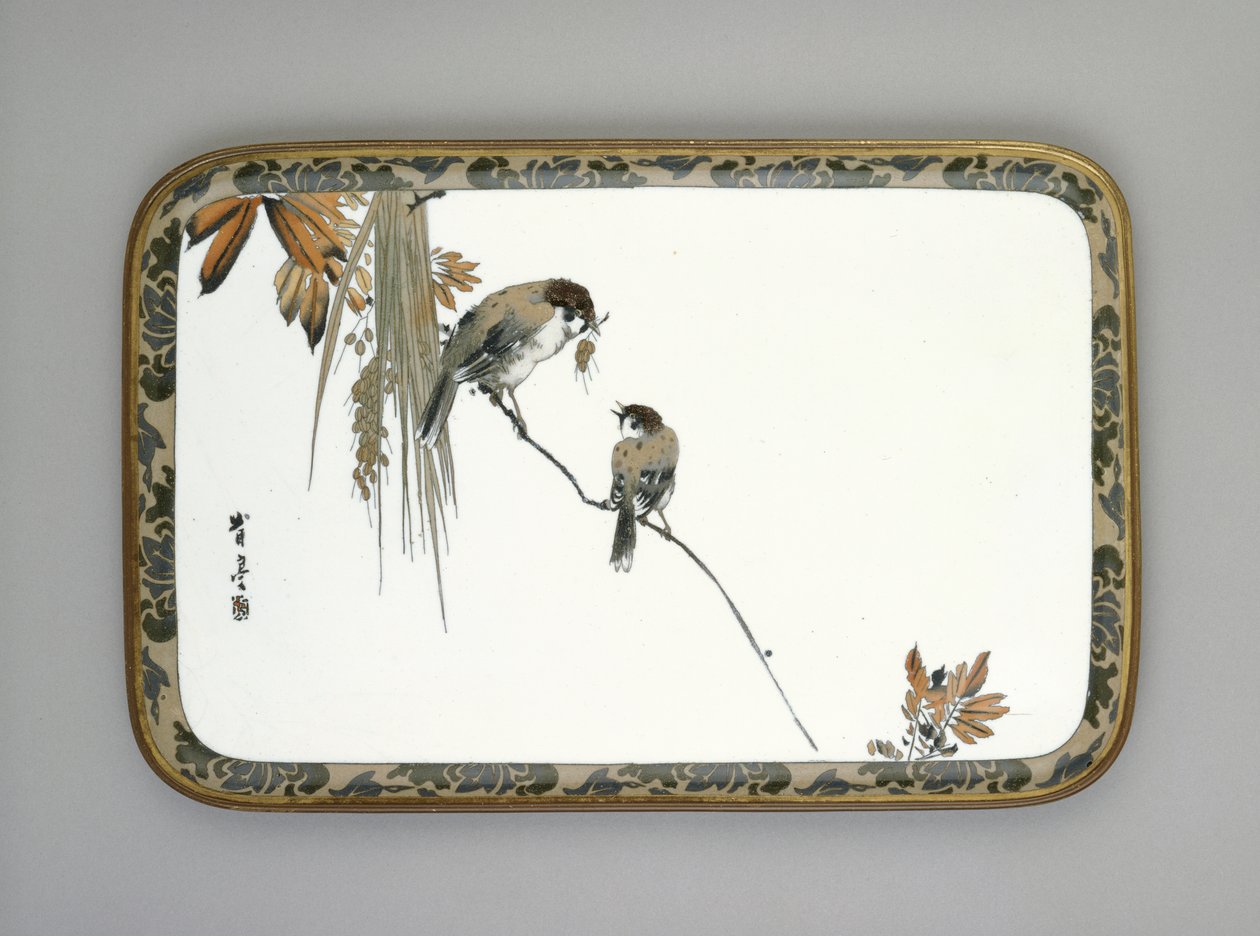 Tray with two sparrows on a branch by Namikawa Sosuke
