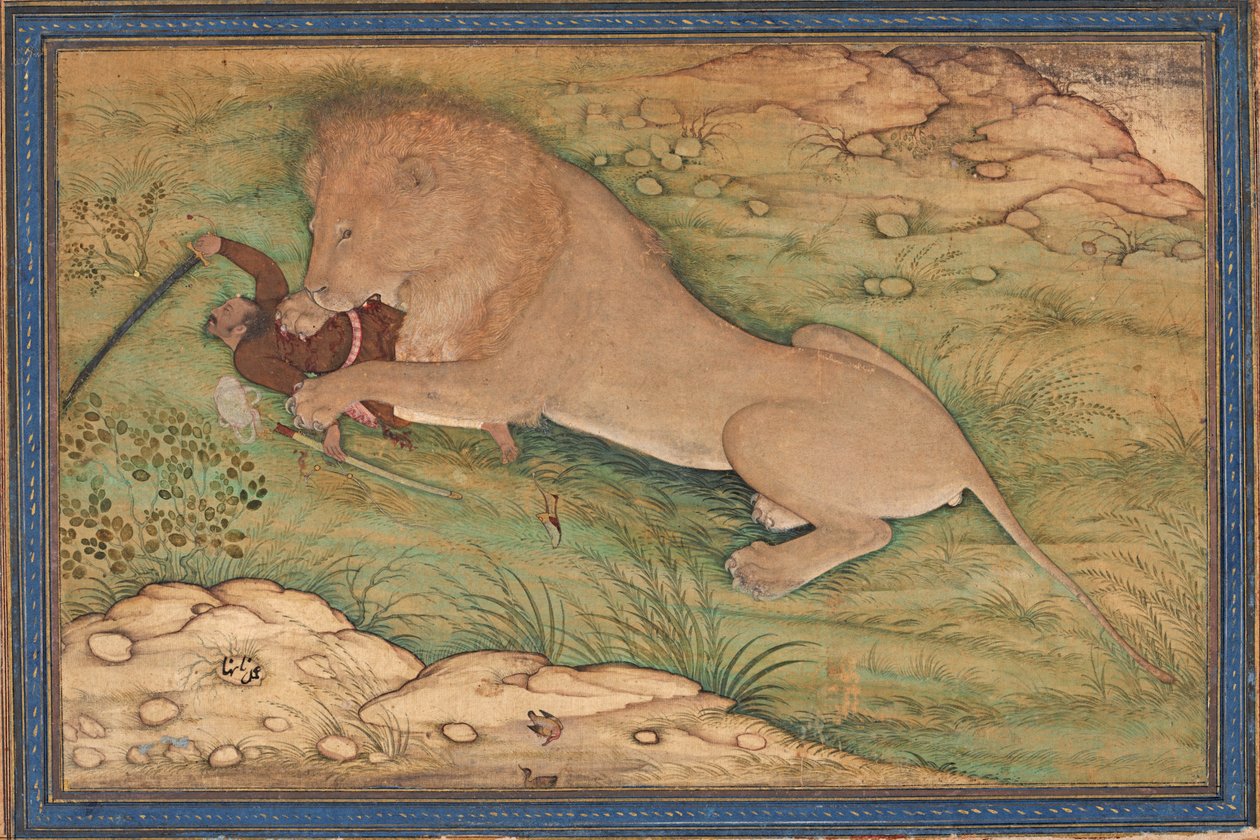 Perils of the Hunt, A Lion Pounces on a Hunter, c.1615 by Nanha