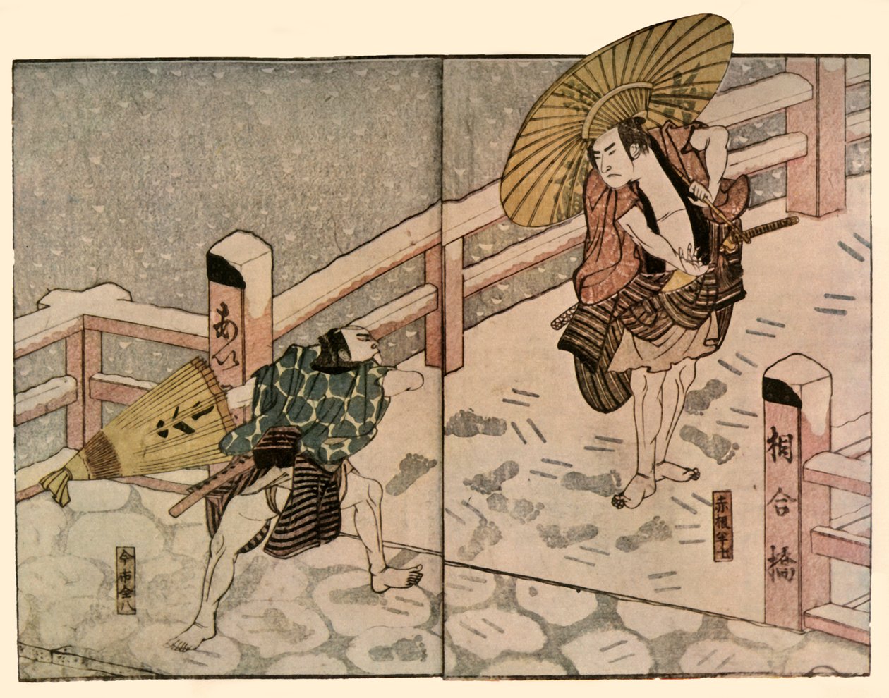 Barefoot Men with Parasols in the Snow by Naniwa Shunkosai