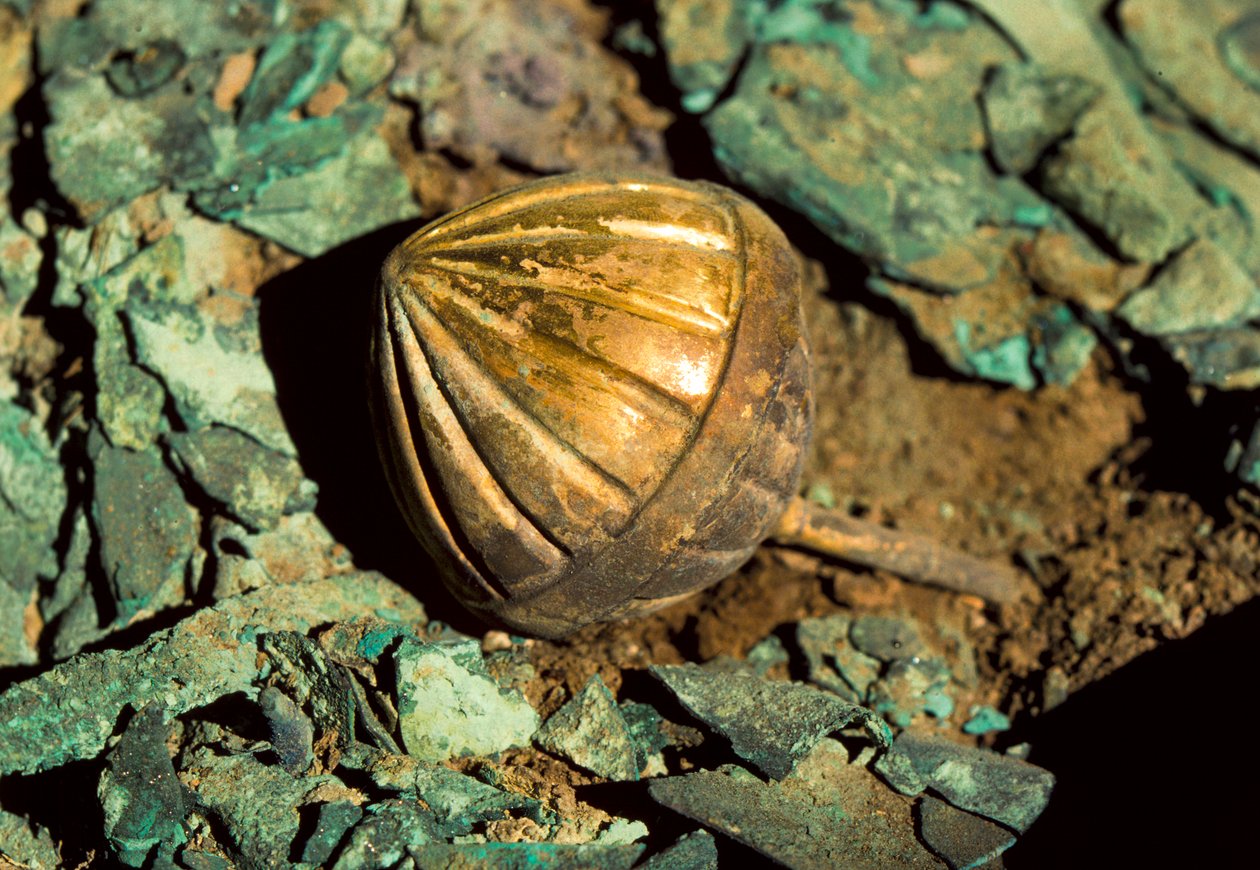 Gold rattle buried in the Moche royal tomb of the Old Lord of Sipan in Peru by Nathan Benn