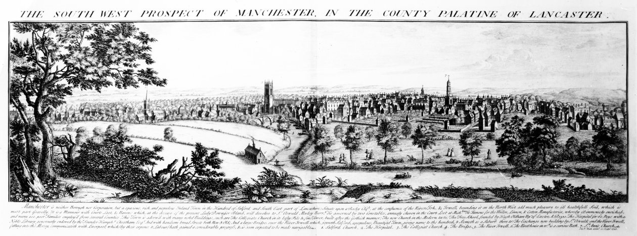The South West Prospect of Manchester on the County Palatine of Lancaster by Nathaniel and Samuel Buck