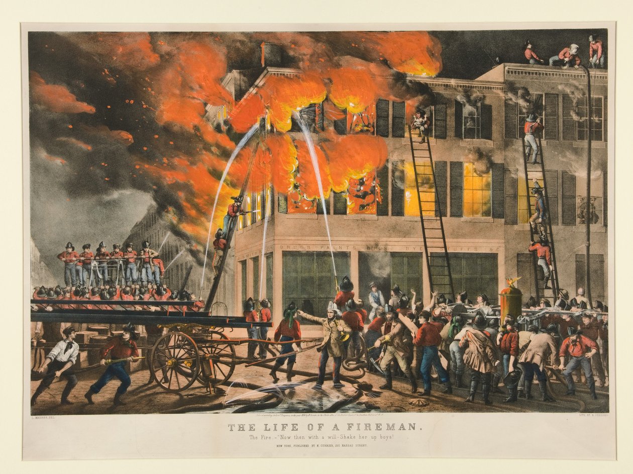 The Life of a Fireman / The Fire. - "Now then with a will - Shake her up, boys!" by Nathaniel Currier