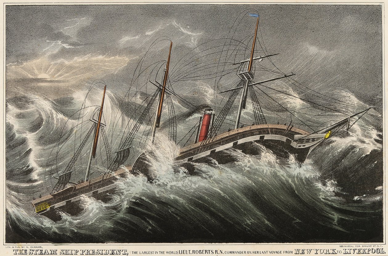 The steamship President, the largest in the world, commanded by Lieutenant Roberts during his last voyage from New York to Liverpool, in the storm of March 12 by Nathaniel Currier