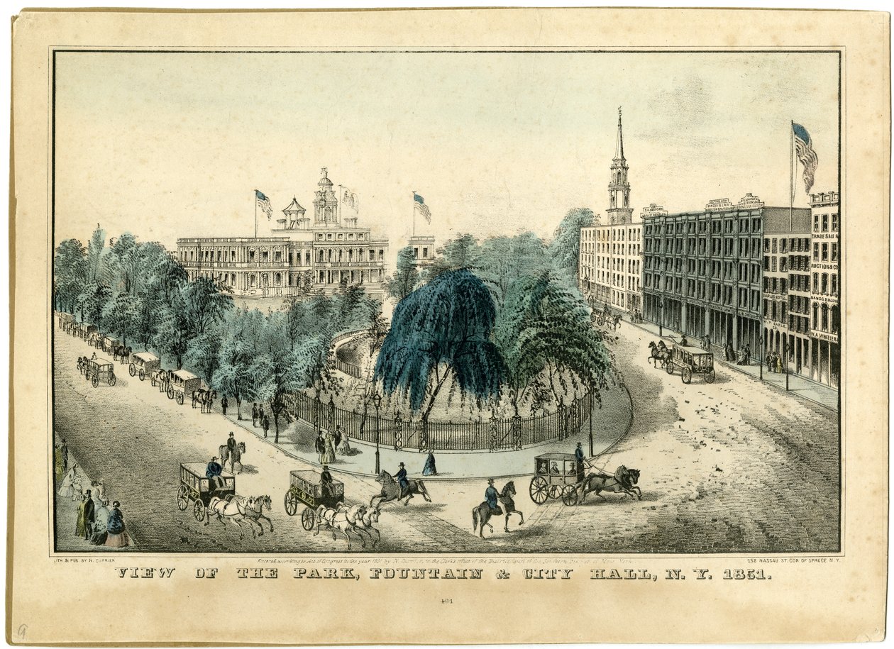 View of the Park, Fountain and City Hall, N.Y. 1851, 1851 by Nathaniel Currier