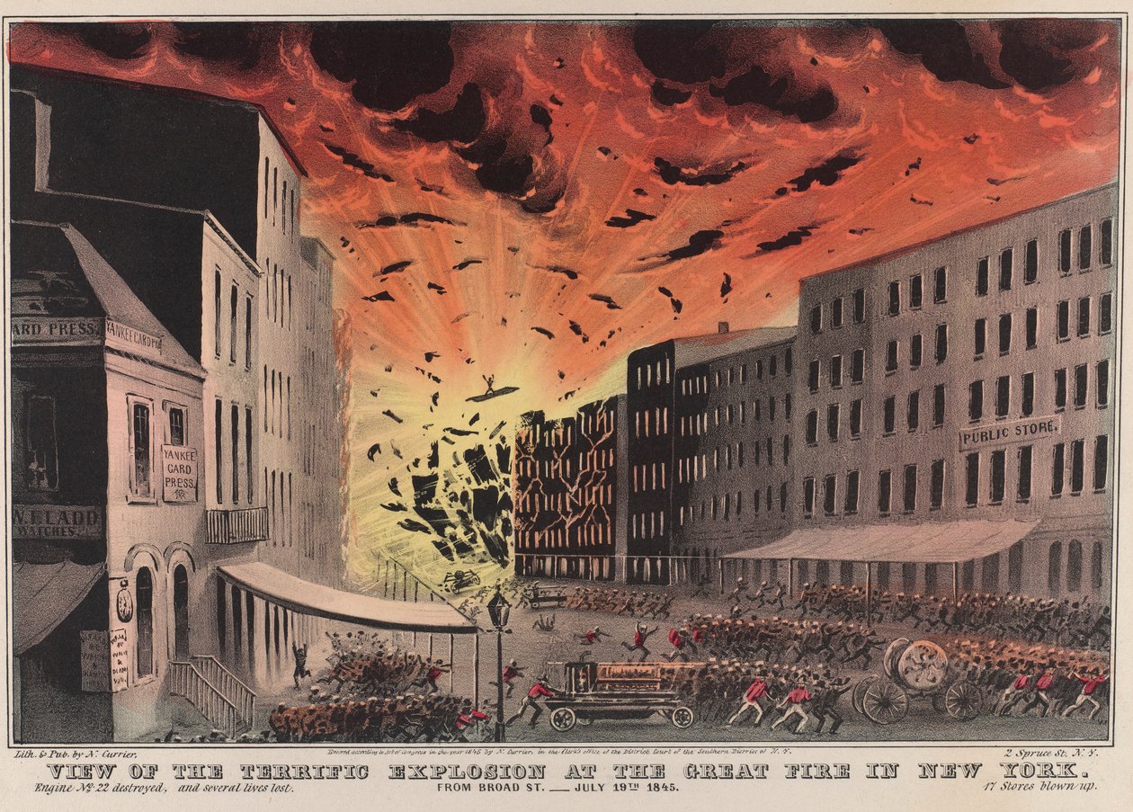 View of the Terrific Explosion at the Great Fire in New York. From Broad St. - July 19th 1845 by Nathaniel Currier