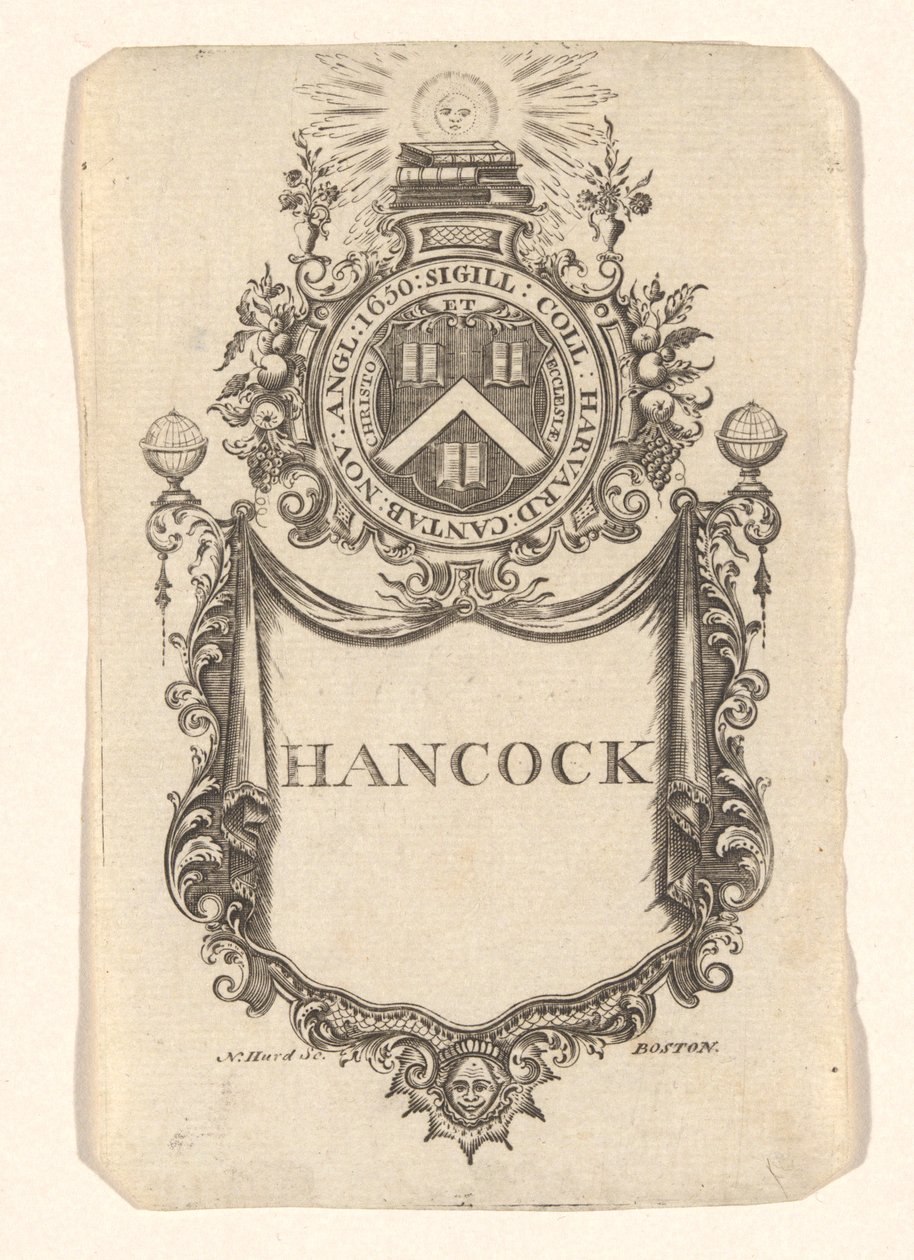 Bookplate of Harvard College (Hancock) by Nathaniel Hurd