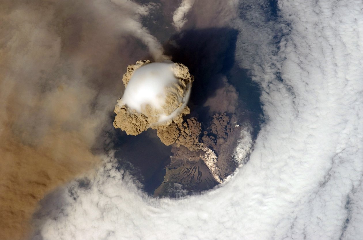 Eruption of Sarychev Peak Volcano, Kuril Islands, north-eastern Japan, 12 June 2009, viewed from the International Space Station by National Aeronautics and Space Administration National Aeronautics and Space Administration