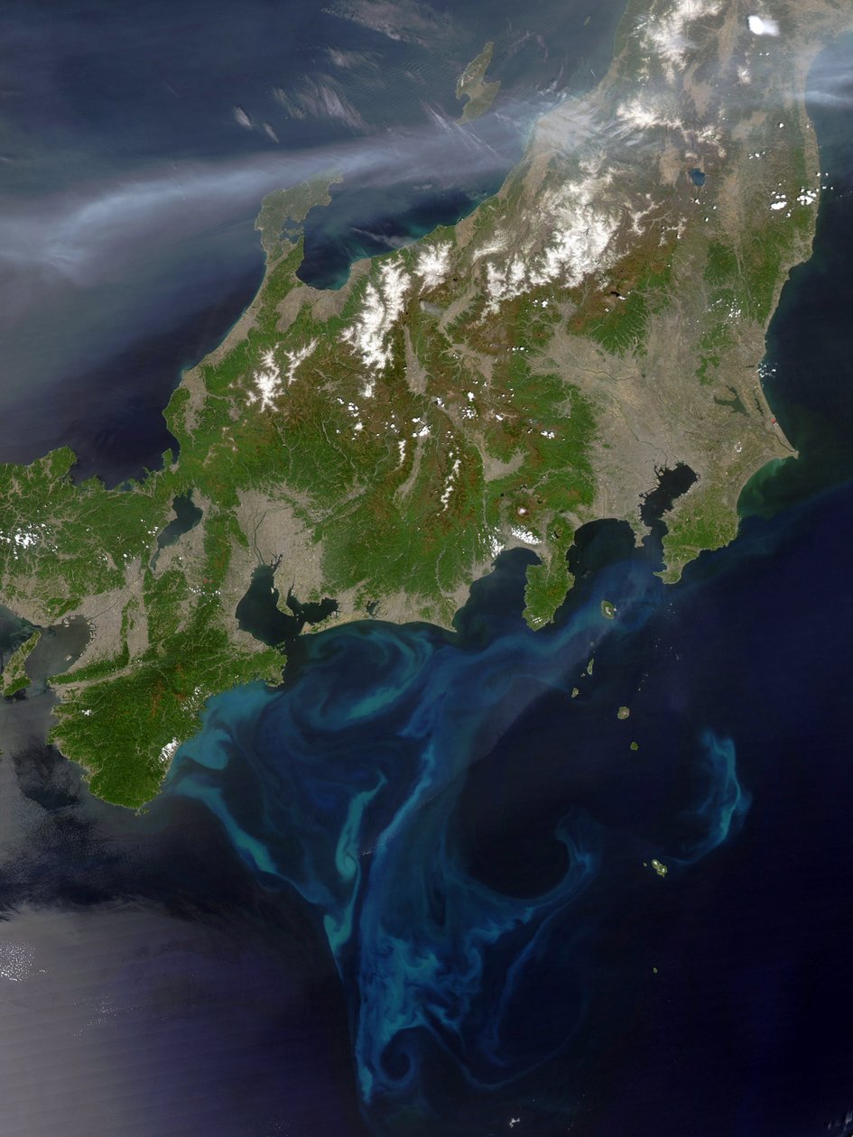 Satellite view of Honshu, Japan, 4 May 2005 with thick plume of smoke crossing the island from the west where intense fires had been burning in North Korea by National Aeronautics and Space Administration National Aeronautics and Space Administration