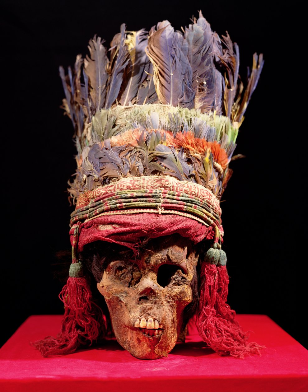 Feathered headdress on a skull, from Peru by Nazca Culture