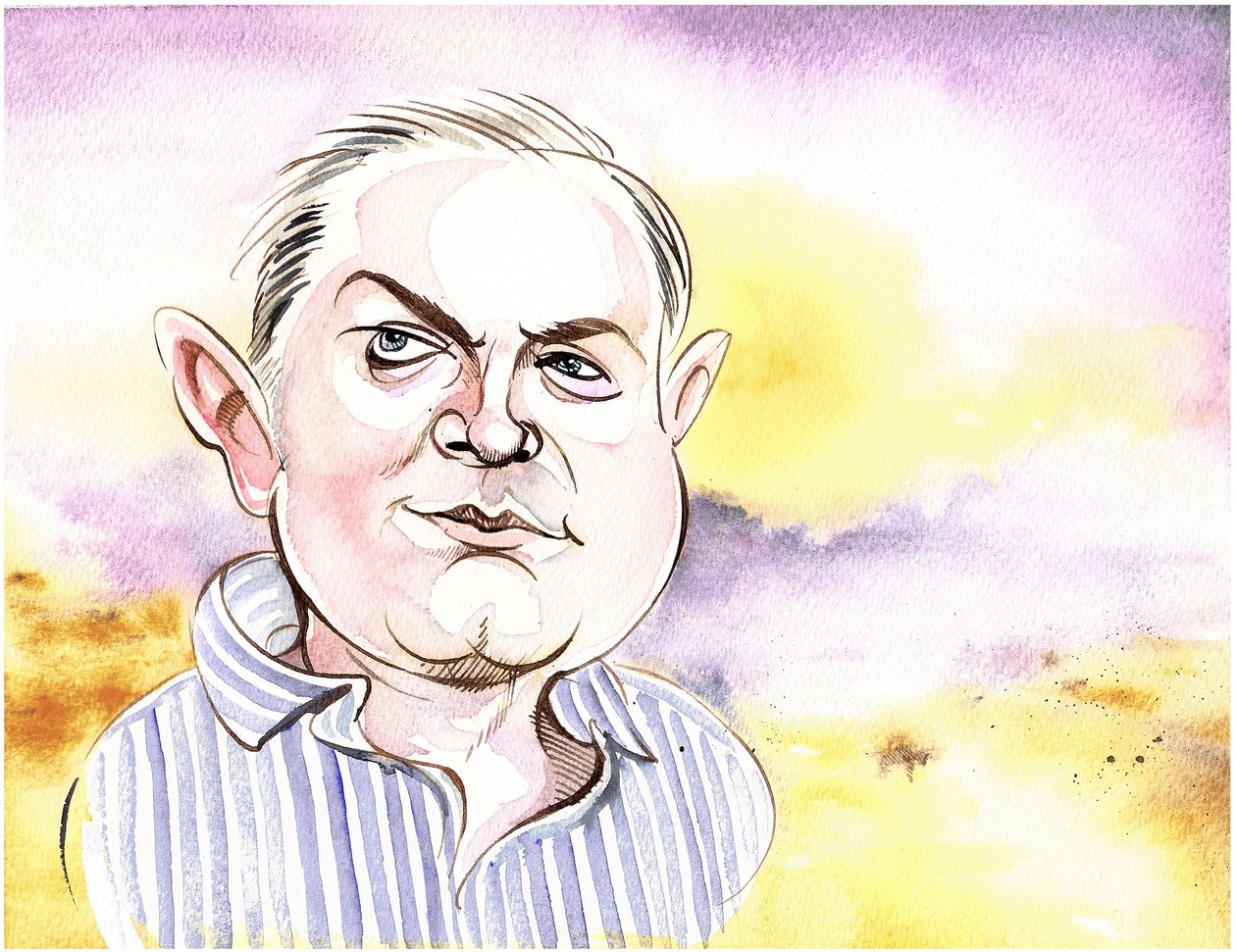 George Benjamin - caricature with background landscape, a reference to At First Light by Neale Osborne