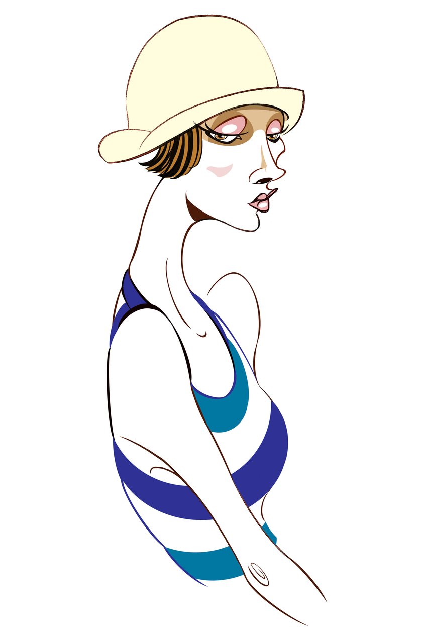 Model in cloche hat and blue striped top by Neale Osborne