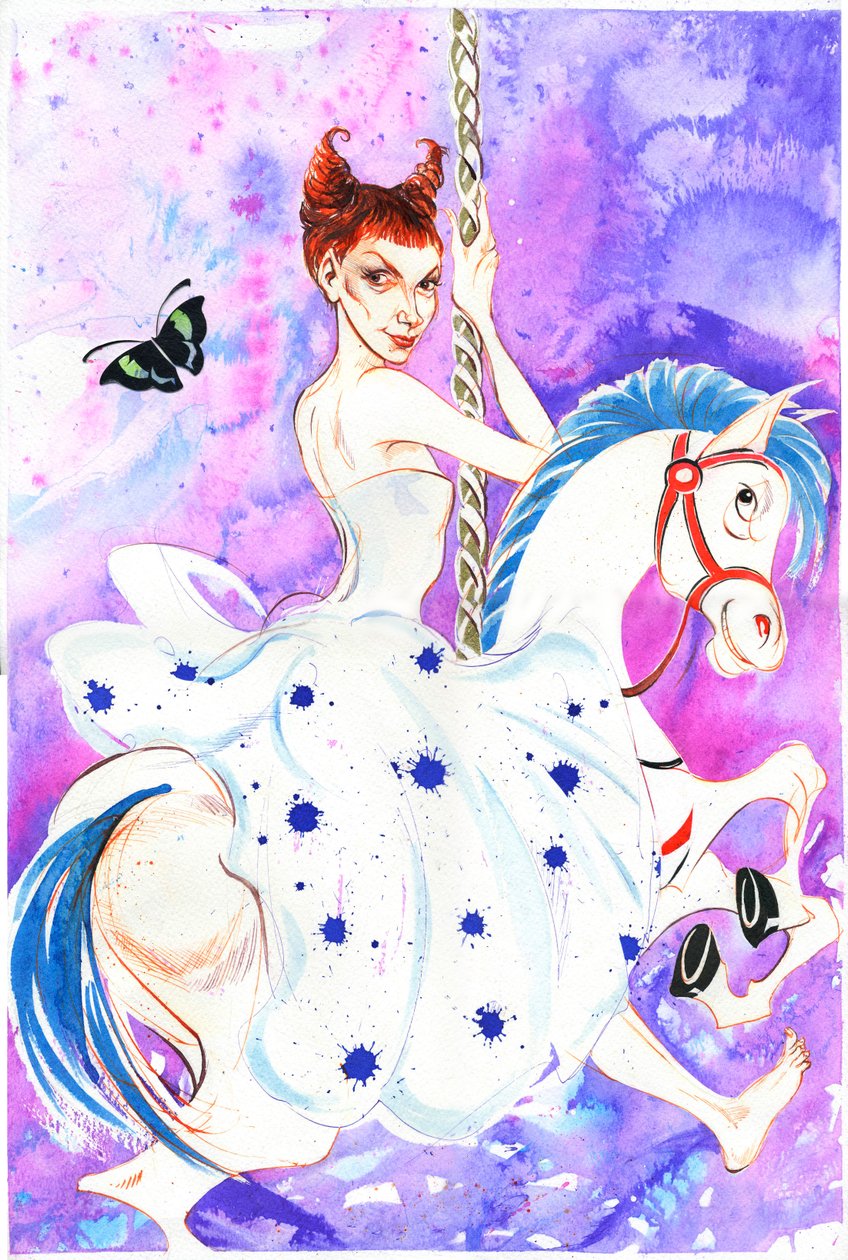 Patricia Petibon - caricature of the French opera singer on a carousel horse by Neale Osborne