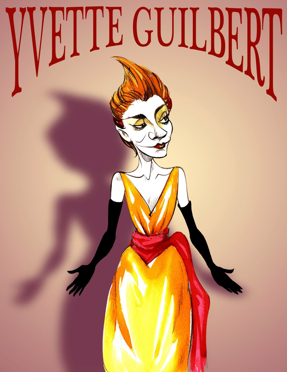 Yvette Guilbert, French actress and cabaret singer, caricature, with lettering in the style of a belle epoque poster by Neale Osborne