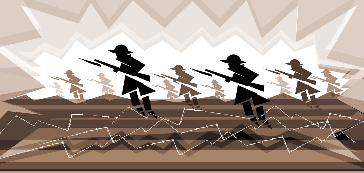 World War One Soldiers with Bayonets - Emerging from Trenches by Neale Osborne