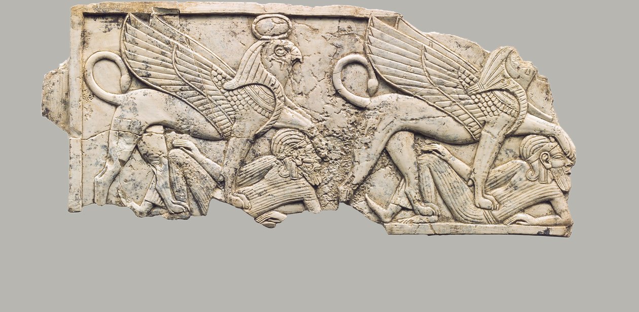 Furniture plaque carved in relief with two falcon-headed sphinxes trampling captives by Neo Assyrian Neo Assyrian