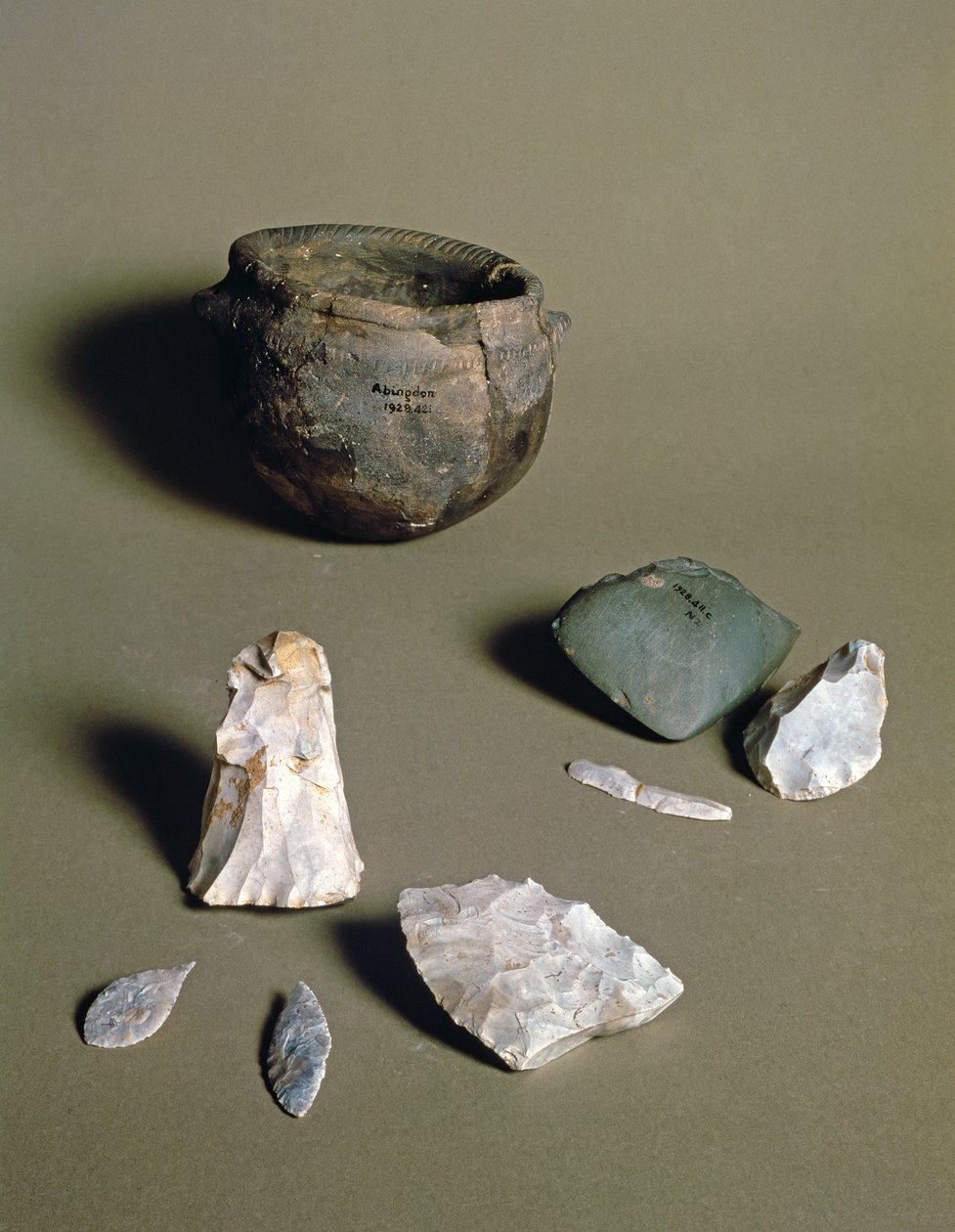 Pottery, axes and arrowheads, from a Neolithic Camp in Abingdon, Berkshire by Neolithic