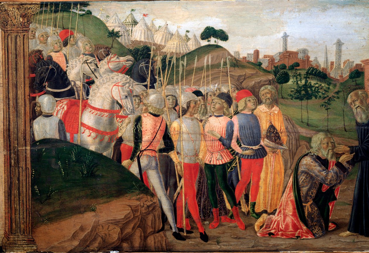 Totila, King of the Ostrogoths Visiting Benedict of Nursia (detail) by Neroccio di  Landi