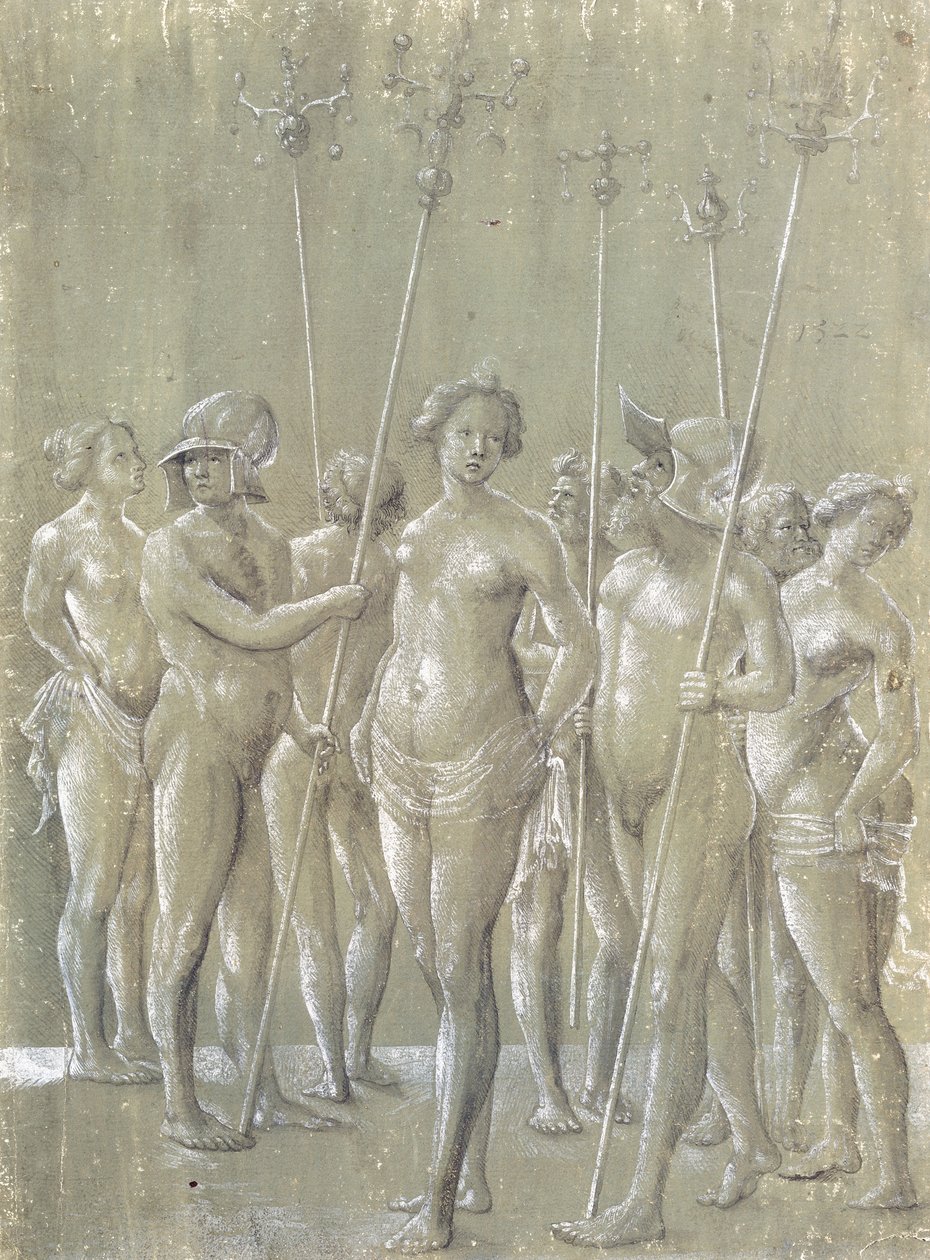 Five Nude Soldiers Holding Poles, Two Wearing a Helmet, and Three Nude Women by Netherlandish School