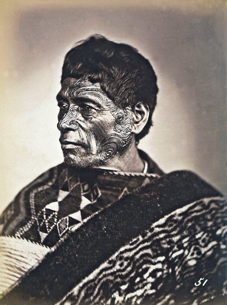 Portrait of a Maori with a tattooed face, c.1886-88 by New Zealand Photographer