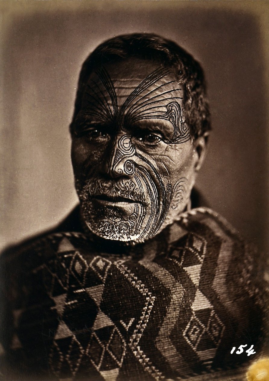 Portrait of a Maori with a tattooed face, c.1886-88 by New Zealand Photographer